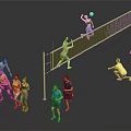 Group of People Playing Volleyball with Net and Spiking Actions Together 3d model