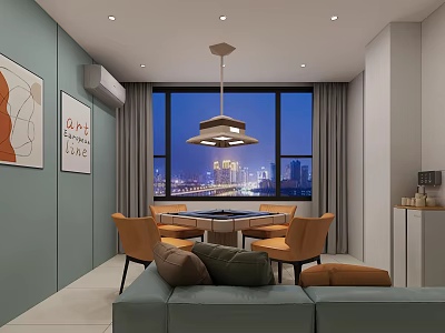 Modern Entertainment Room Interior With Cozy Sofa Pendant Light Night View Window And Decorative Paintings 3d model
