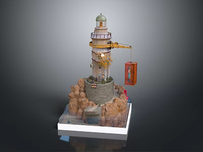 Detailed Lighthouse Model With Rock Base Crane And Hanging Container Platform 3d model