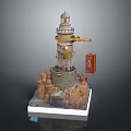 Detailed Lighthouse Model With Rock Base Crane And Hanging Container Platform