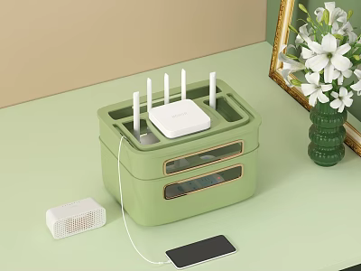 Green Storage Rack With Glass Door Compartments Holding Router Near Mobile Phone And White Flowers 3d model