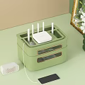 Green Storage Rack With Glass Door Compartments Holding Router Near Mobile Phone And White Flowers