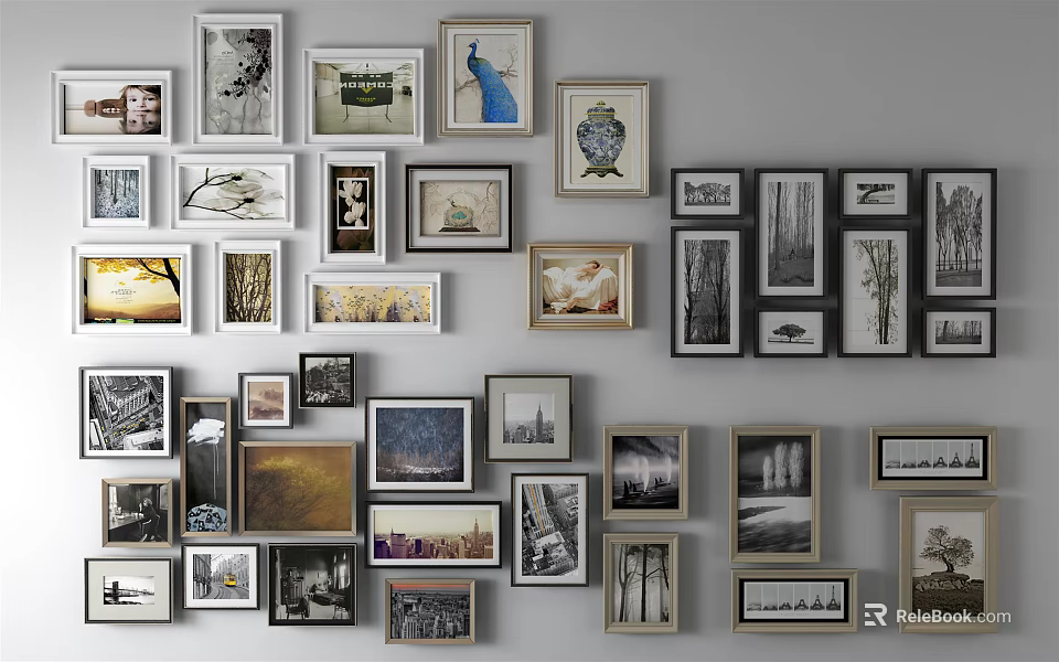 Photo Wall Decor With Various Framed Artworks And Gallery Style Arrangement 3d model 