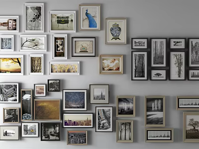 Photo Wall Decor With Various Framed Artworks And Gallery Style Arrangement 3d model