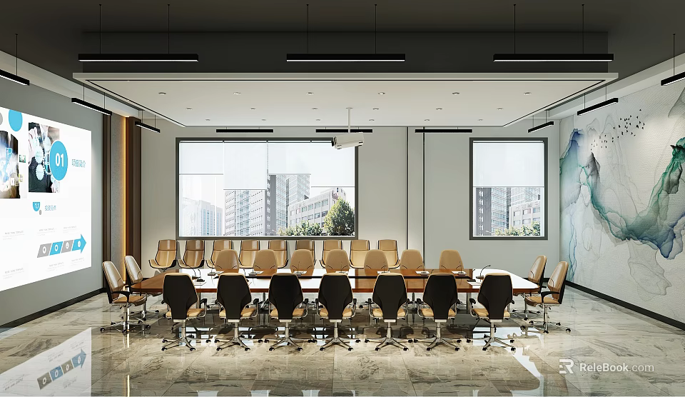 Modern Conference Room Interior With Large Table Multiple Chairs Hanging Lights And City View Windows 3d model 