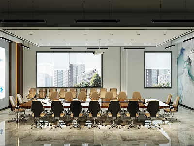 Modern Conference Room Interior With Large Table Multiple Chairs Hanging Lights And City View Windows 3d model