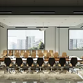 Modern Conference Room Interior With Large Table Multiple Chairs Hanging Lights And City View Windows