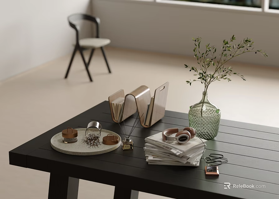 Decorative Ornament Combination With Green Vase Olive Plant Golden Holders Stacked Books On Black Table 3d model 