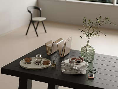 Decorative Ornament Combination With Green Vase Olive Plant Golden Holders Stacked Books On Black Table 3d model