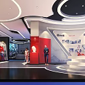 Exhibition Hall Interior Design With White Circular Platform Display Boards And Red Door 3d model
