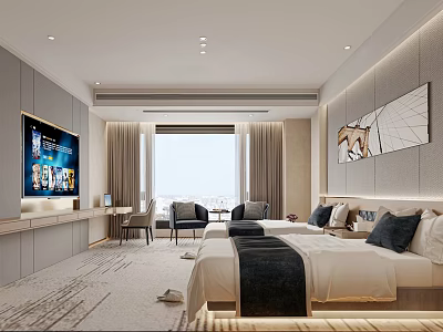Modern Hotel Room With Two Beds Large TV Floor To Ceiling Window And Scenic View 3d model