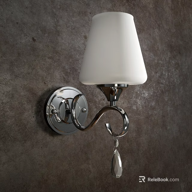 Chrome Metal Wall Lamp With White Glass Shade And Crystal Pendant On Gray Wall 3d model 