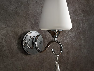 Chrome Metal Wall Lamp With White Glass Shade And Crystal Pendant On Gray Wall 3d model