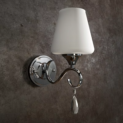 Chrome Metal Wall Lamp With White Glass Shade And Crystal Pendant On Gray Wall 3d model