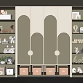Modern Light Colored Wardrobe Interior With Arched Doors Open Shelves And Storage Boxes