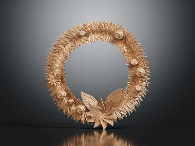 Golden Three Dimensional Plant Wreath With Leaves And Flowers On Dark Background 3d model