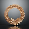 Golden Three Dimensional Plant Wreath With Leaves And Flowers On Dark Background