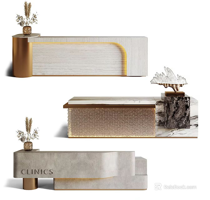 Modern Curved Clinic Reception Desk With Marble Countertop Gold Trim And Crystal Decor 3d model 