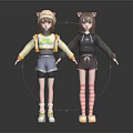 Two Cat Ear Girls In Yellow Crop Top Black Hoodie Shorts Pink Striped Socks Shoes