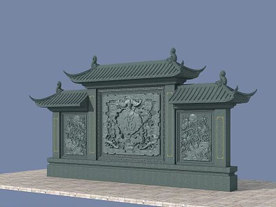 Traditional Architectural Exterior Wall with Carved Patterns and Green Tiled Roof Symmetrical Design 3d model