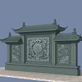 Traditional Architectural Exterior Wall with Carved Patterns and Green Tiled Roof Symmetrical Design
