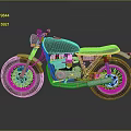 Vintage Dark Green Motorcycle with Red Leather Seat Chrome Details and Reflection