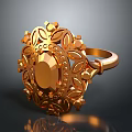 Golden Decorative Ring With Oval Gemstone And Floral Leaf Patterns 3d model