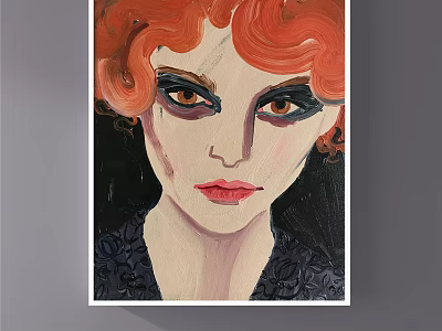 Female Portrait Painting with Red Curly Hair Bold Makeup and Black Lace Top 3d model