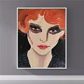 Female Portrait Painting with Red Curly Hair Bold Makeup and Black Lace Top
