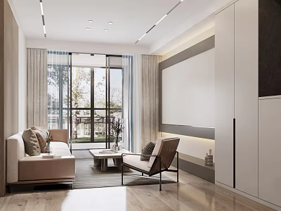 Modern Living Room Interior With Beige Sofa Coffee Table And Floor To Ceiling Windows 3d model