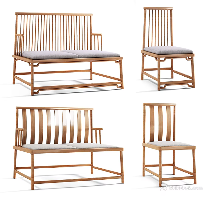 Minimalist Wooden Sofa Set With Slat Backrest Gray Cushions And Matching Chairs 3d model 