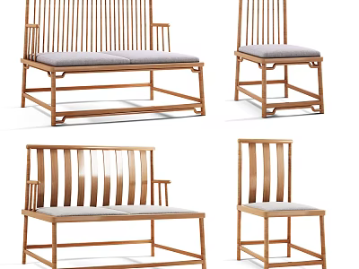 Minimalist Wooden Sofa Set With Slat Backrest Gray Cushions And Matching Chairs 3d model