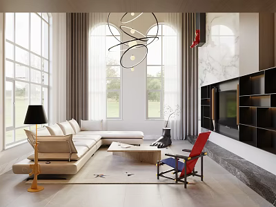 Modern Duplex Living Room With Large Windows Unique Chandelier And Accent Chair 3d model
