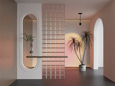 Modern Minimalist Interior With Arched Doorways Glass Partition And Potted Plants 3d model