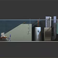 Cartoon Interior Scene With Wooden Staircase Blue Walls Gray Floor Red Table And Small Figures