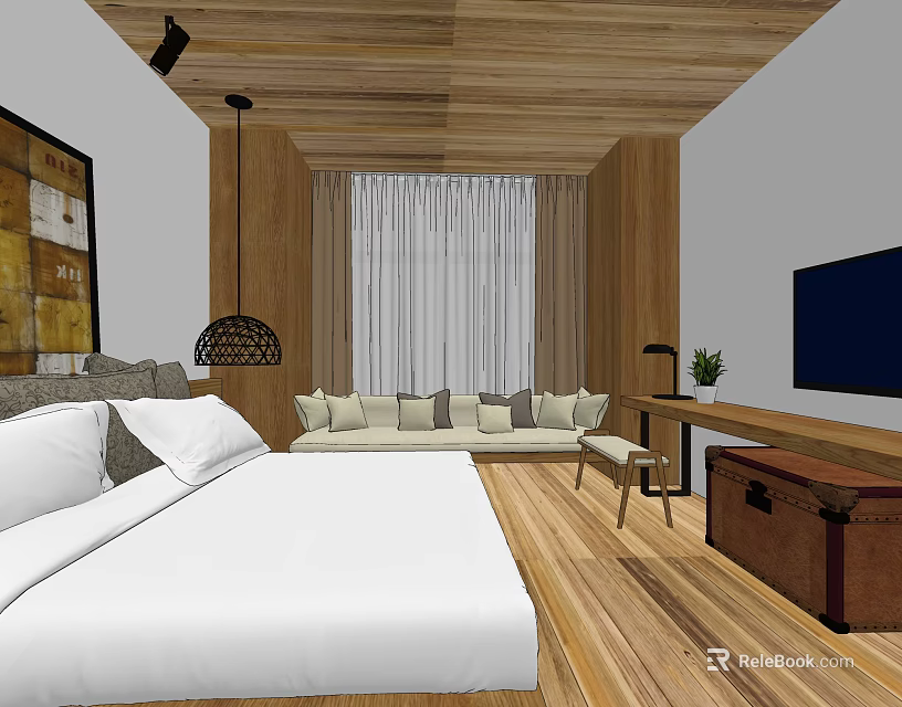 Hotel Room Interior With Wooden Ceiling White Bed Sofa And TV 3d model 