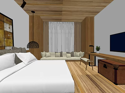 Hotel Room Interior With Wooden Ceiling White Bed Sofa And TV 3d model
