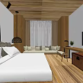 Hotel Room Interior With Wooden Ceiling White Bed Sofa And TV