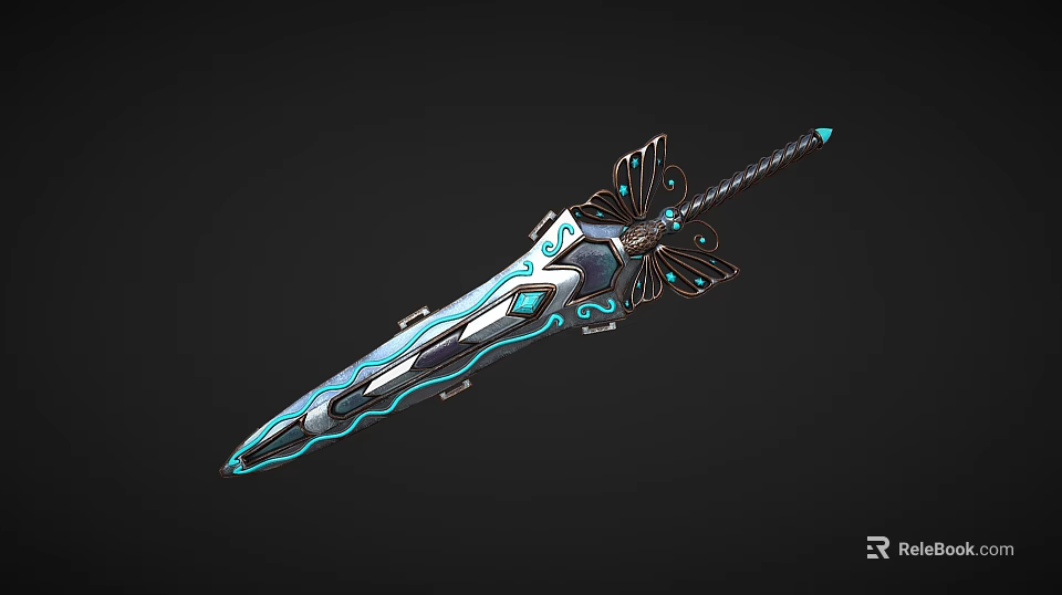 Decorative Fantasy Sword With Blue Glowing Accents And Butterfly Hilt Design 3d model 