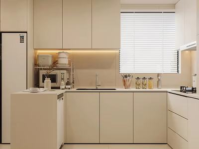 Modern Kitchen Interior With White Cabinets Island Counter Appliances And Window Blinds 3d model