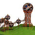Colorful Football Shaped Playground Equipment with Slides Climbing Nets and Orange Frames on Green Lawn