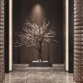 Modern Elevator Hallway With Golden Grilles Arched Door Dark Wall Marble Floor And Decorative Tree