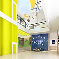 Bright Kindergarten Interior With Yellow Green Walls Stairs Bookshelves And Colorful Carpet
