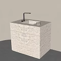 Modern Minimalist Light Colored Stone Washbasin With Black Faucet And Ceramic Cup In Contemporary Bathroom