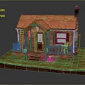 Small Wooden Cabin Model with Red Roof Green Railings Porch Chimney Grass Lawn and Woodpile
