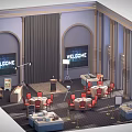 Cartoon Style Reception Hall Scene With Welcome Screens Sofas Tables Chairs And Arched Windows