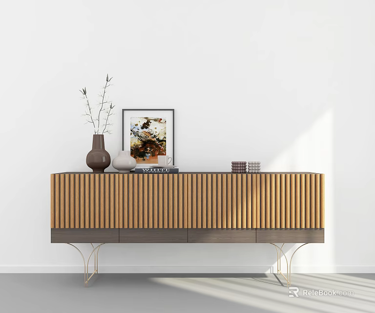 Modern Wooden Console Table With Vertical Slat Design Golden Legs And Decorative Items 3d model 