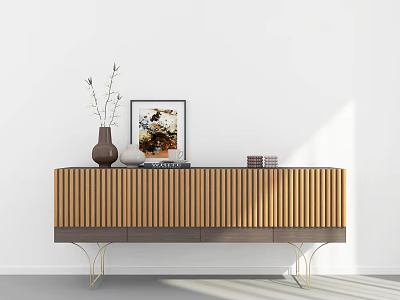 Modern Wooden Console Table With Vertical Slat Design Golden Legs And Decorative Items 3d model