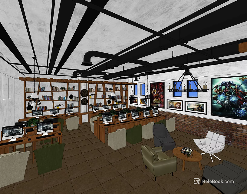 Modern Internet Cafe Interior With Computers Comfortable Seating Brick Walls And Decorative Shelves 3d model