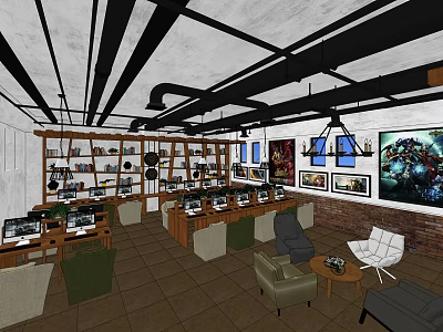 Modern Internet Cafe Interior With Computers Comfortable Seating Brick Walls And Decorative Shelves 3d model